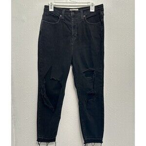 MADEWELL Womens Size 29 The Mom Jean High Rise Distressed Holes Raw Hem Black